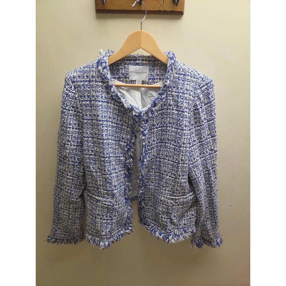 Carolina Belle Montreal Women XL Blue White Tweed Fringe Trim Open Front Jacket